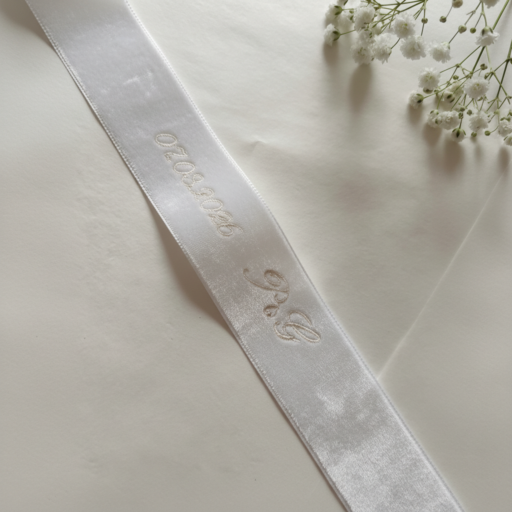 Cinta para ramo bordada con iniciales y fechas de color blanco crema